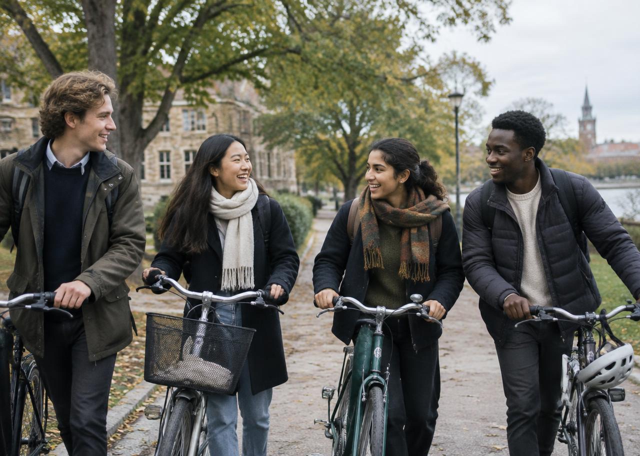 Four friends cycling through campus