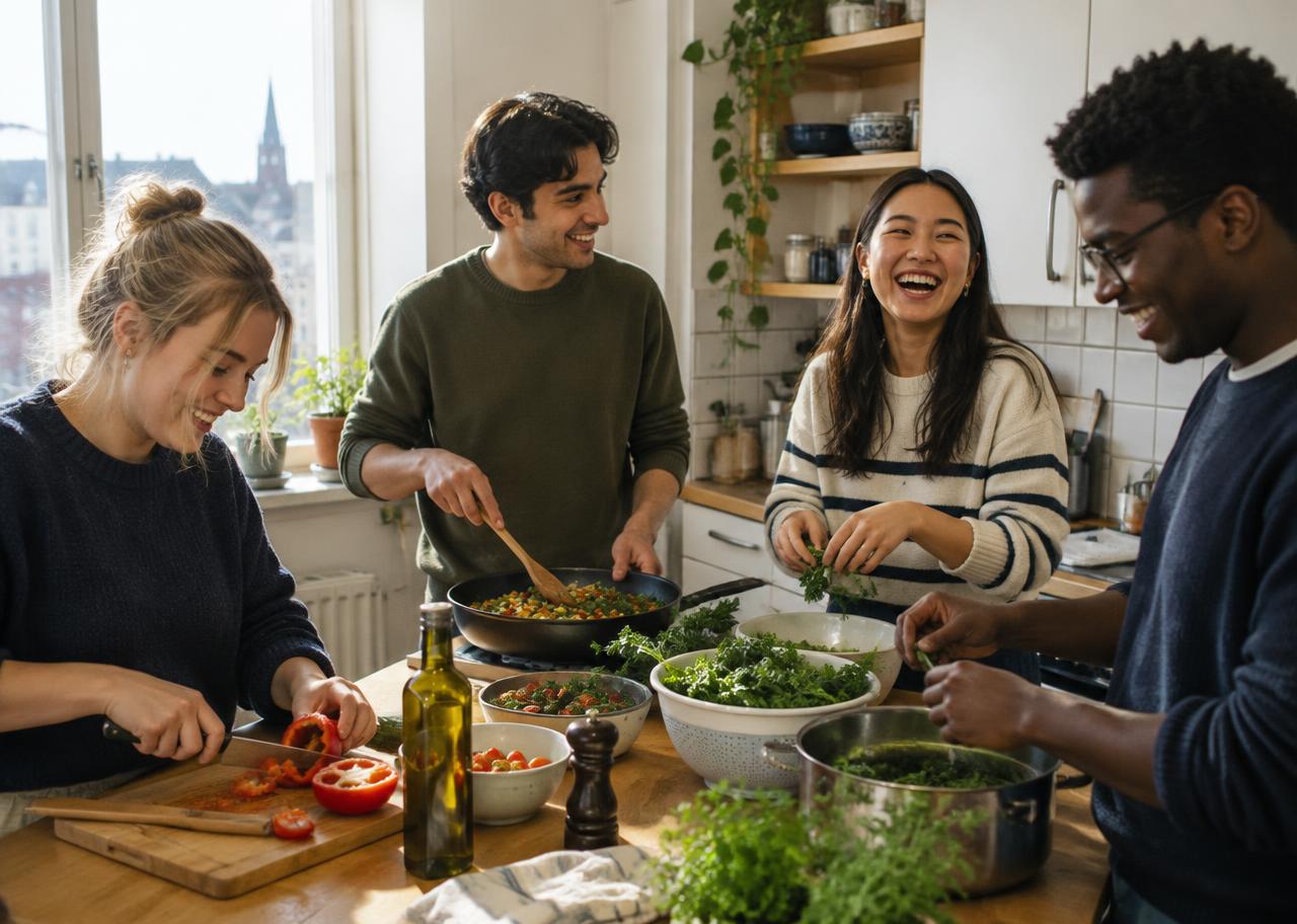 Four university friends cooking together