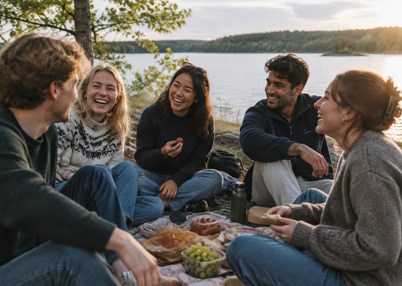 Five friends sharing a picnic beside a lake