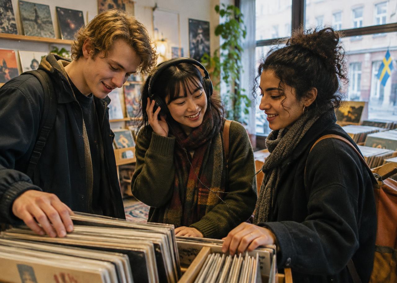 Three friends browsing records and sharing headphones